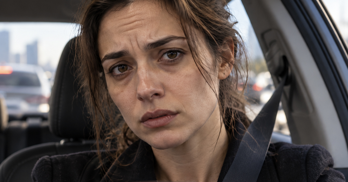 Tired and harried woman driving car.
